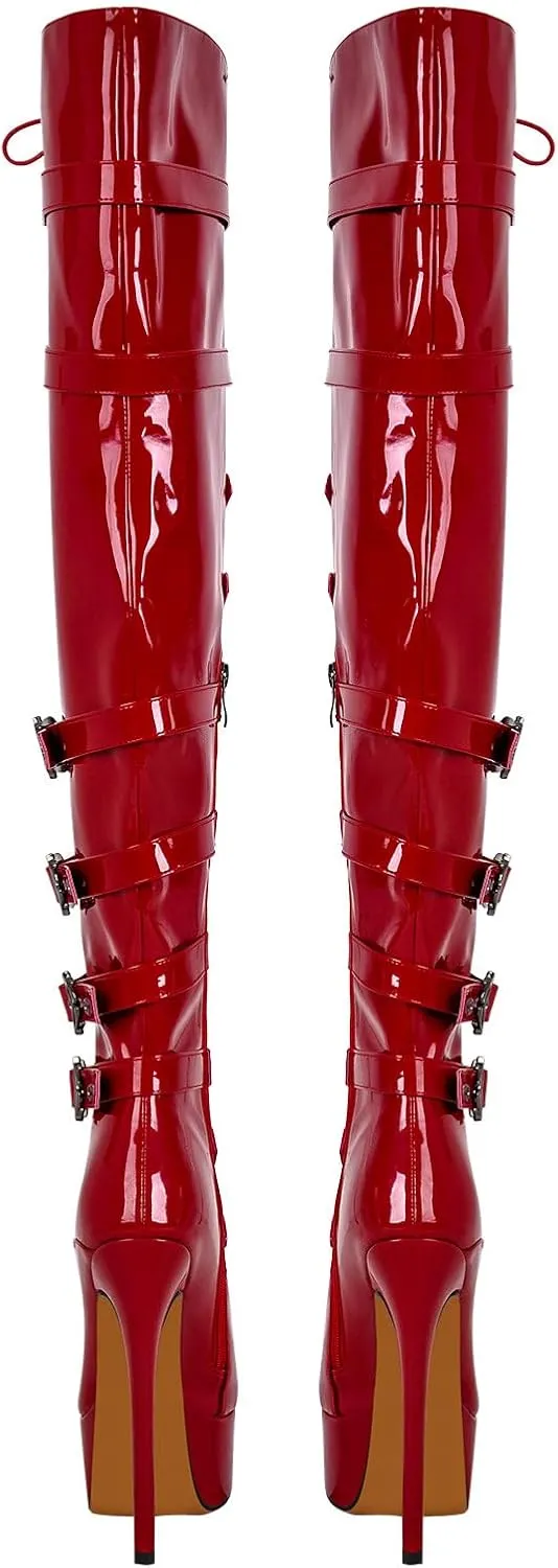 richealnini Women's Platform Heel Thigh High Boots with Zippers Lace Up Sexy Sky High Heels Long Shaft Over the Knee High Boots