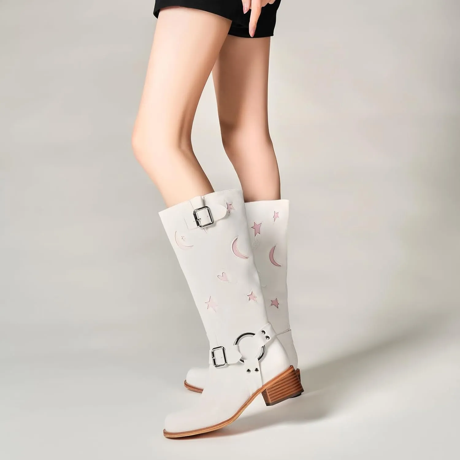 Riding Boots for Women Knee High with Buckle Stars Moon Heart Patterns Low Heel
