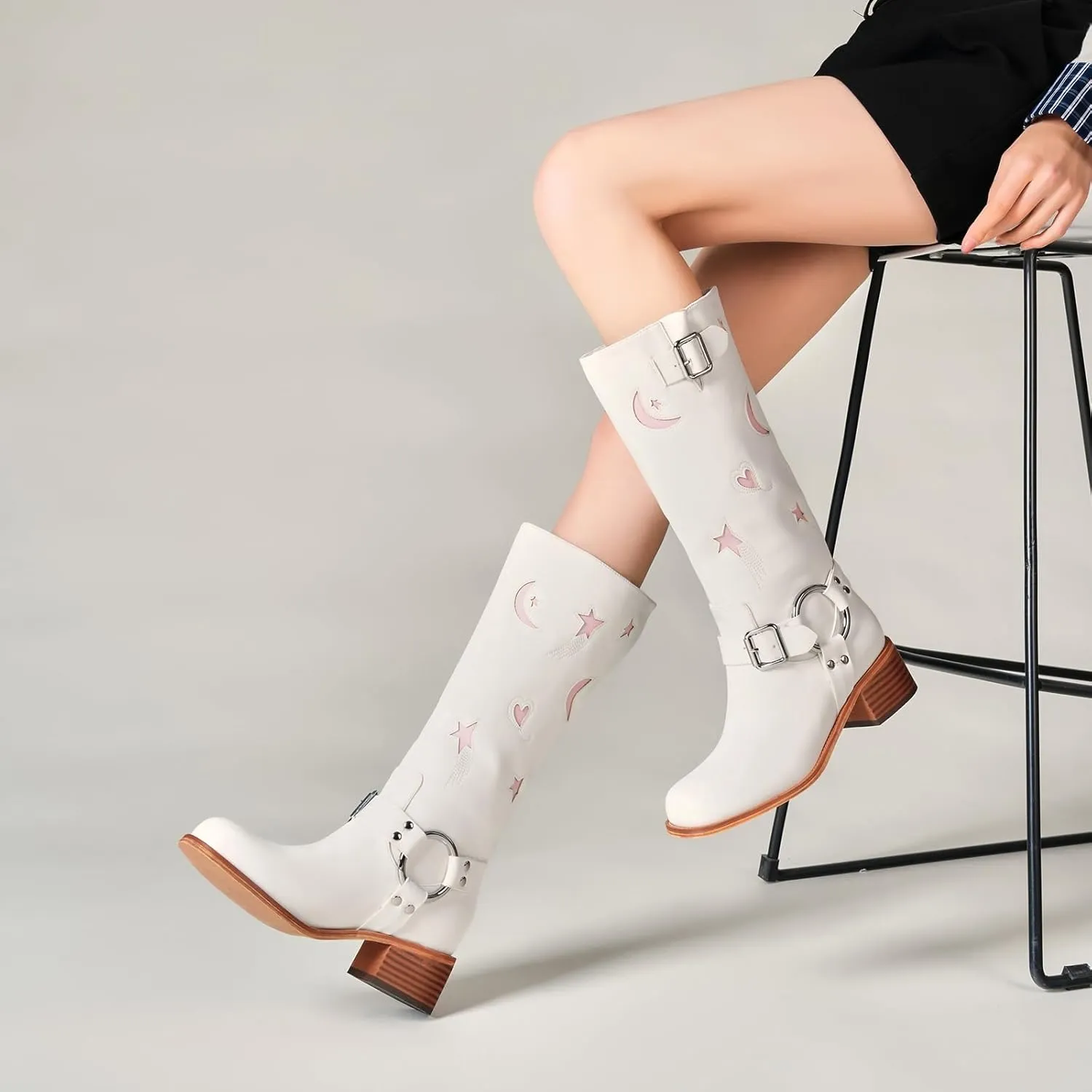Riding Boots for Women Knee High with Buckle Stars Moon Heart Patterns Low Heel