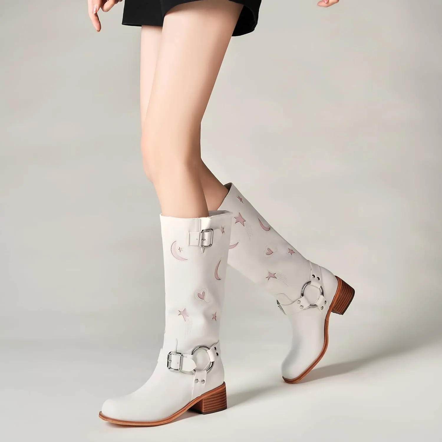 Riding Boots for Women Knee High with Buckle Stars Moon Heart Patterns Low Heel