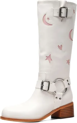 Riding Boots for Women Knee High with Buckle Stars Moon Heart Patterns Low Heel