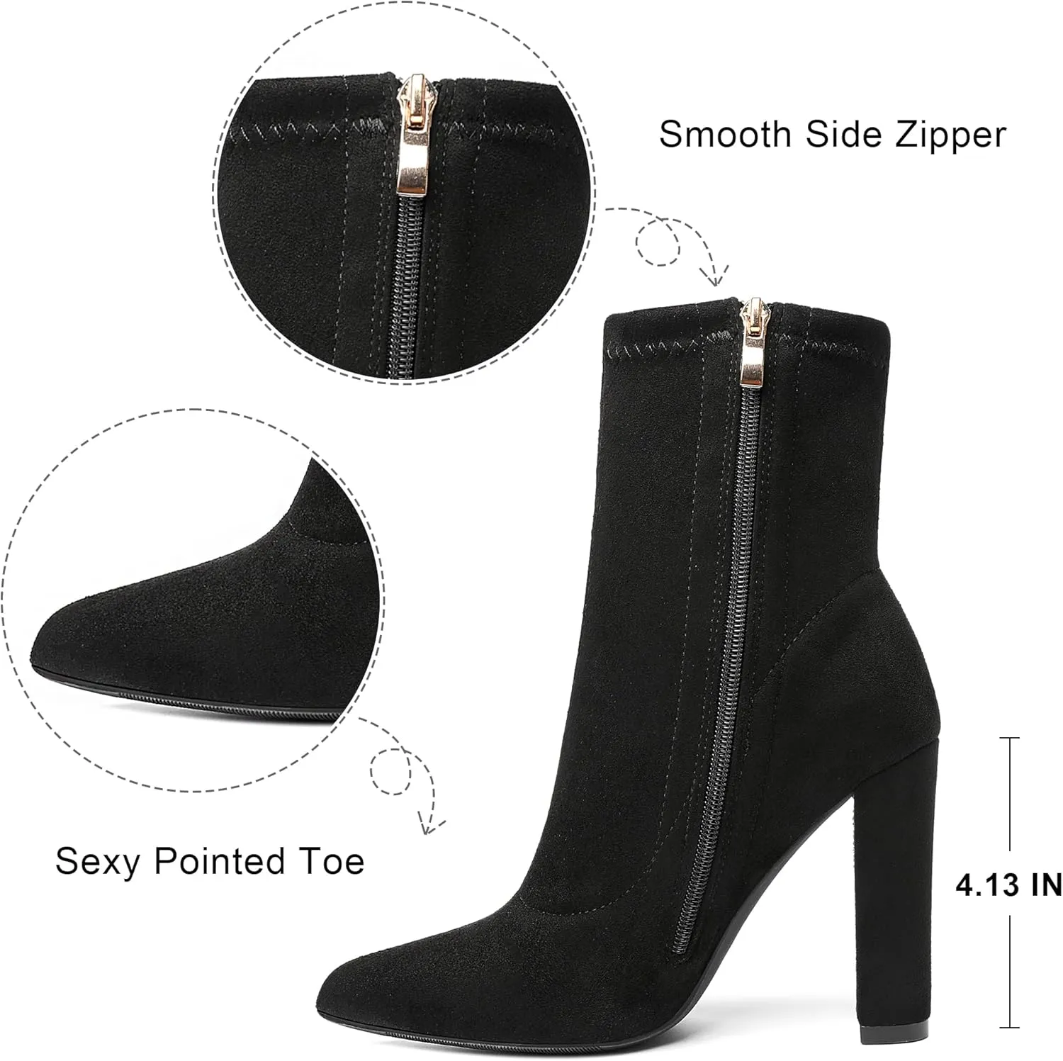 risdoada Women's Sock Boots Chunky Heel Ankle Booties Elastic Suede Pointed Toe Fall Winter High Heeled Mid Calf Boots