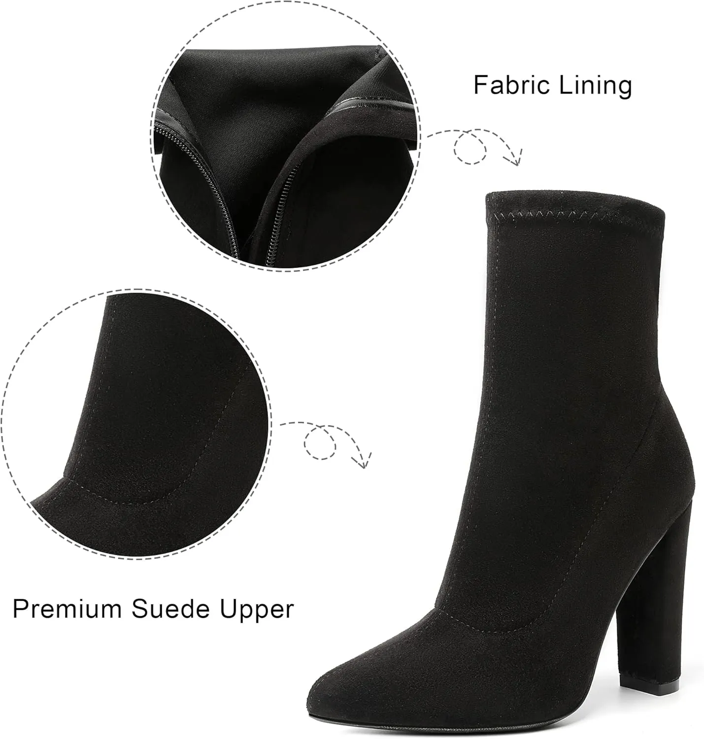 risdoada Women's Sock Boots Chunky Heel Ankle Booties Elastic Suede Pointed Toe Fall Winter High Heeled Mid Calf Boots