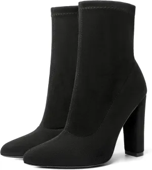 risdoada Women's Sock Boots Chunky Heel Ankle Booties Elastic Suede Pointed Toe Fall Winter High Heeled Mid Calf Boots