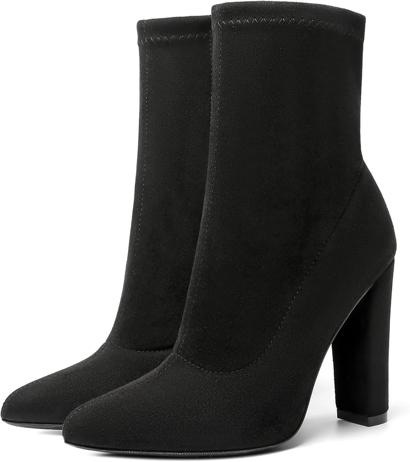 risdoada Women's Sock Boots Chunky Heel Ankle Booties Elastic Suede Pointed Toe Fall Winter High Heeled Mid Calf Boots