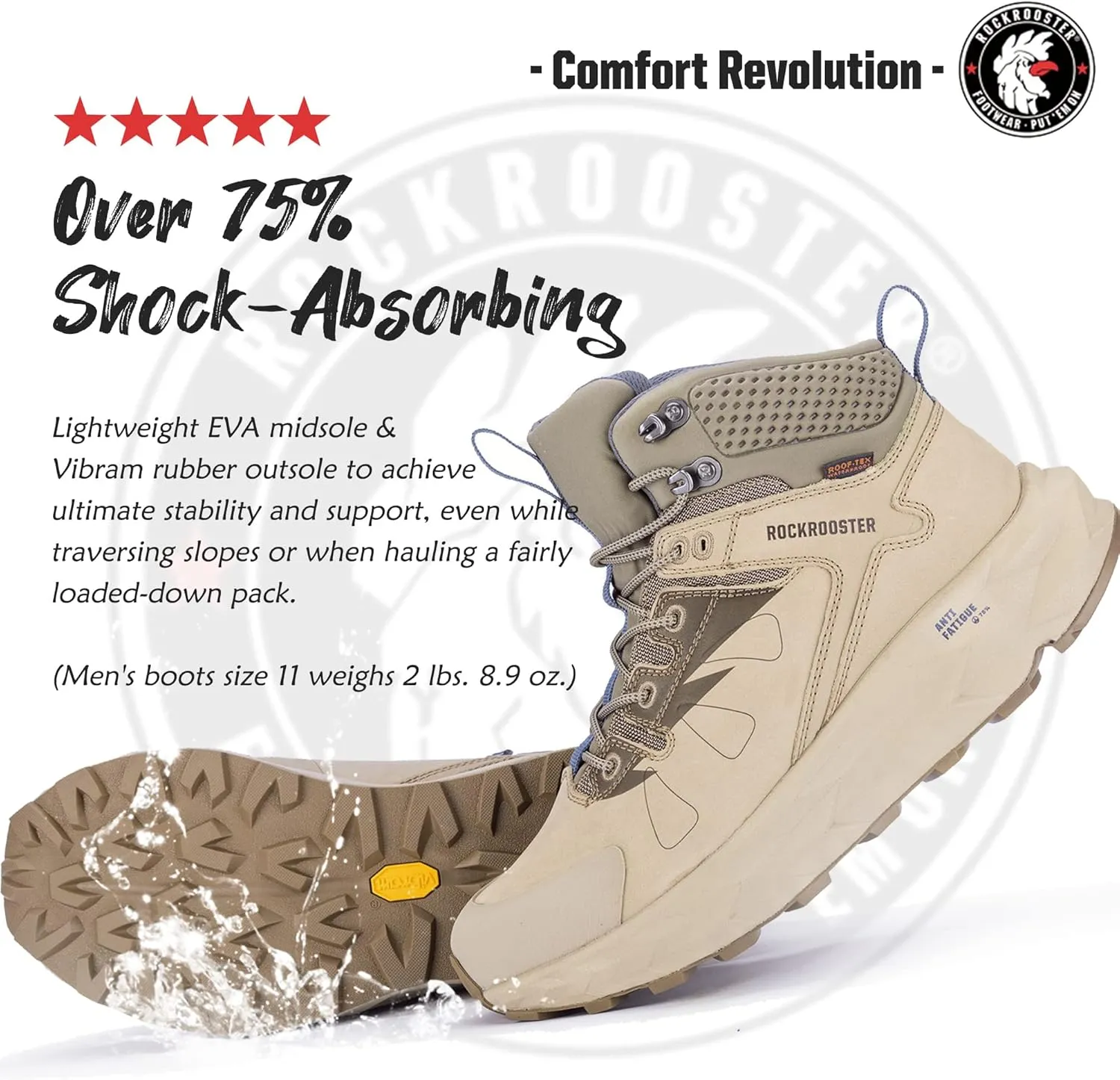 ROCKROOSTER Farmington 2 Waterproof Hiking Boots for Men, 6" Anti-Fatigue Outdoor Nubuck Leather Shoes