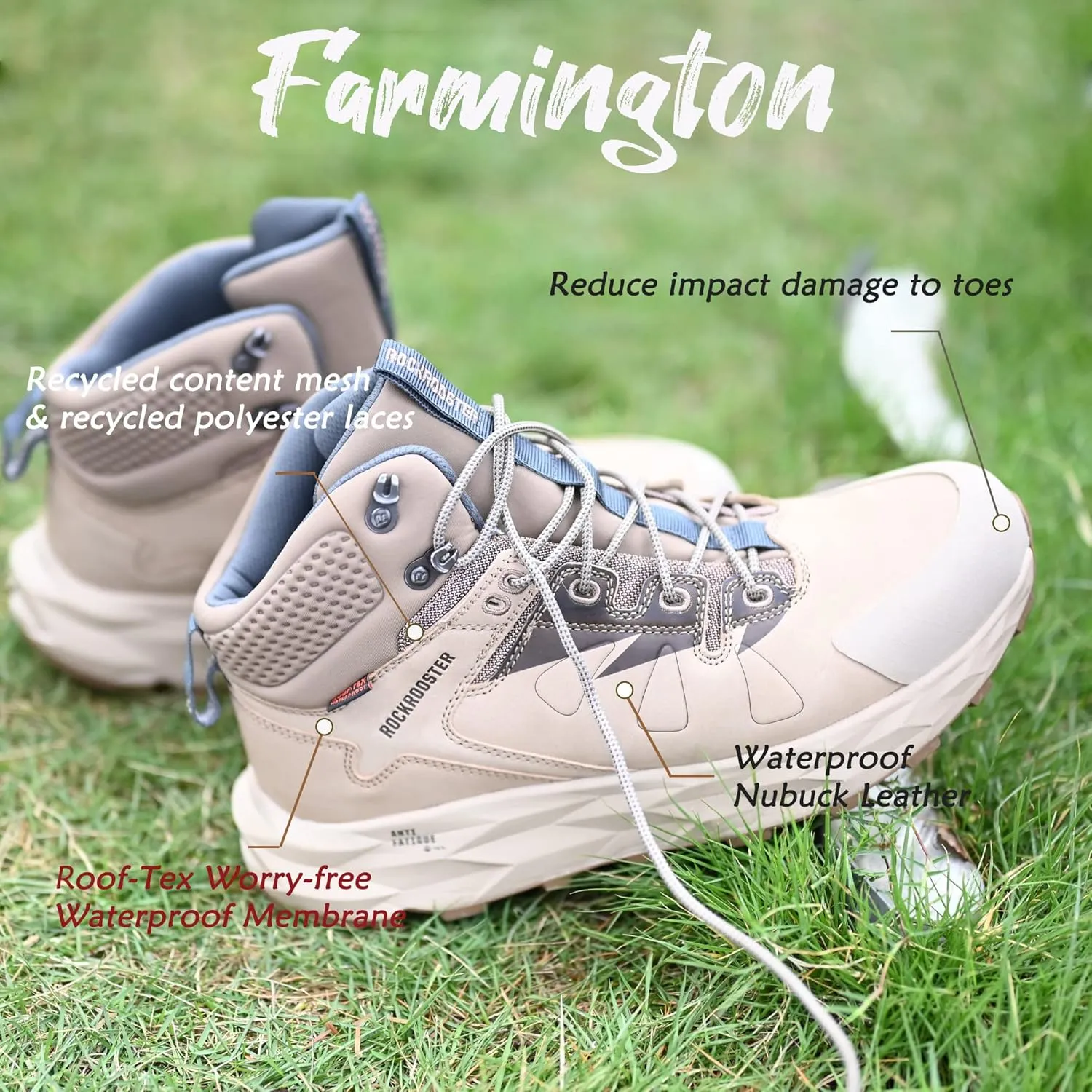 ROCKROOSTER Farmington 2 Waterproof Hiking Boots for Men, 6" Anti-Fatigue Outdoor Nubuck Leather Shoes
