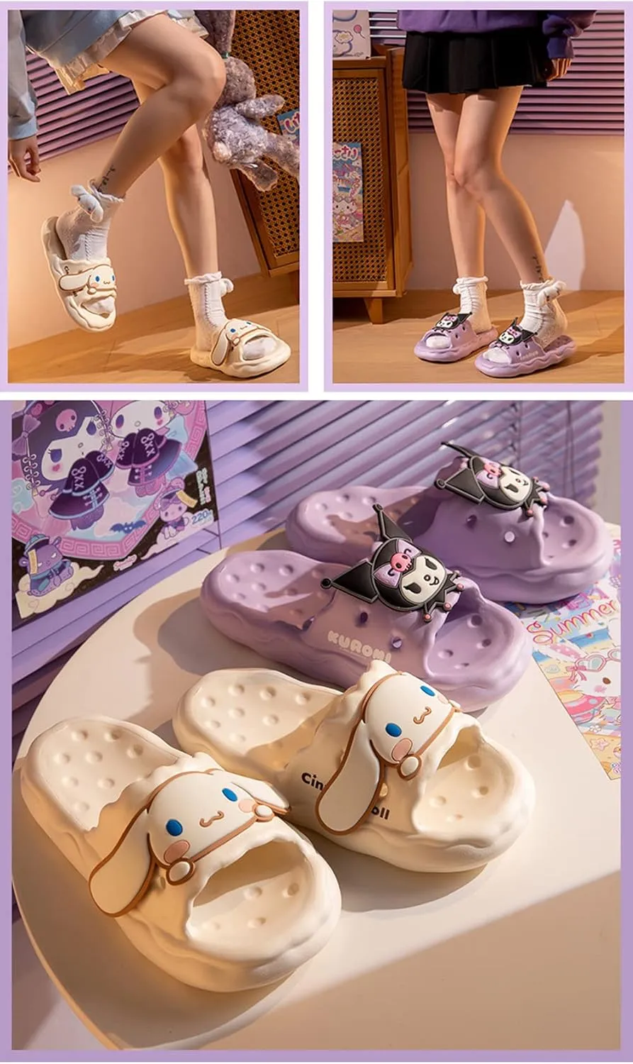 Roffatide Anime Cinnamoroll My Melody Kuromi Slides for Girls House Slides Non-Slip Bathroom Shower Sandals Rubber Slippers