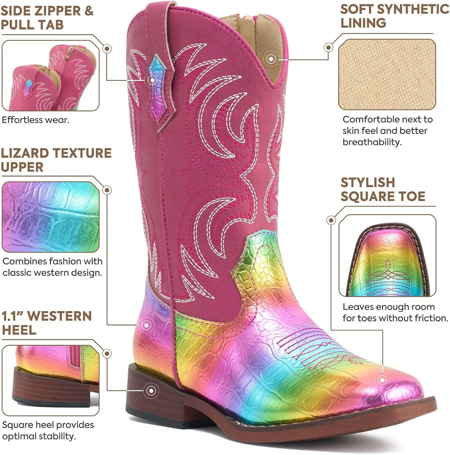 Rollda Kids Cowboy Boots Girls Cowgirl Boots Square Toe Boys Western Boots for Toddler/Little Kid/Big Kid