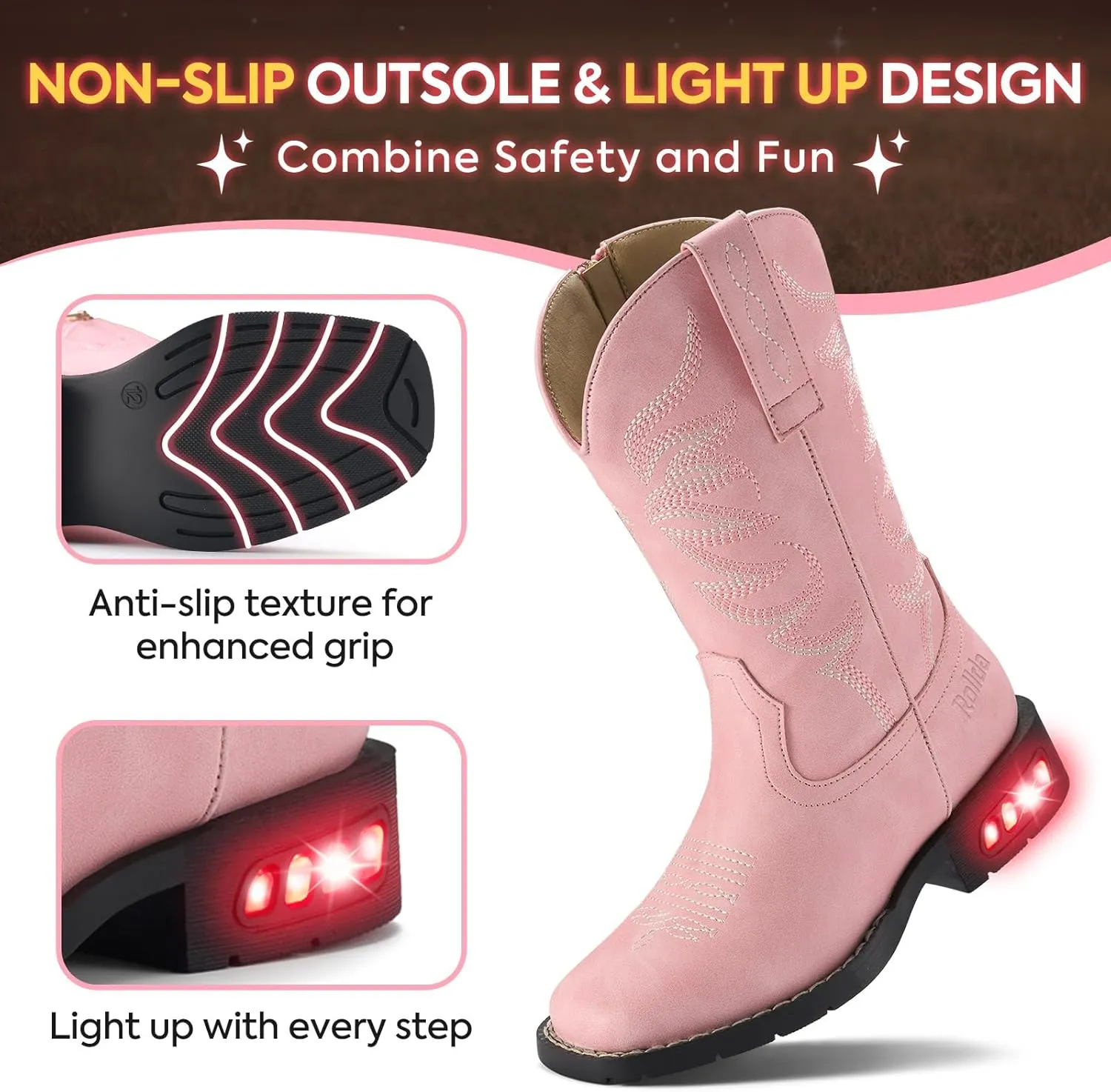 Rollda Toddler Cowboy Boots for Boys Girls Cowgirl Boots Light Up Kids Western Boots for Toddler/Little Kid