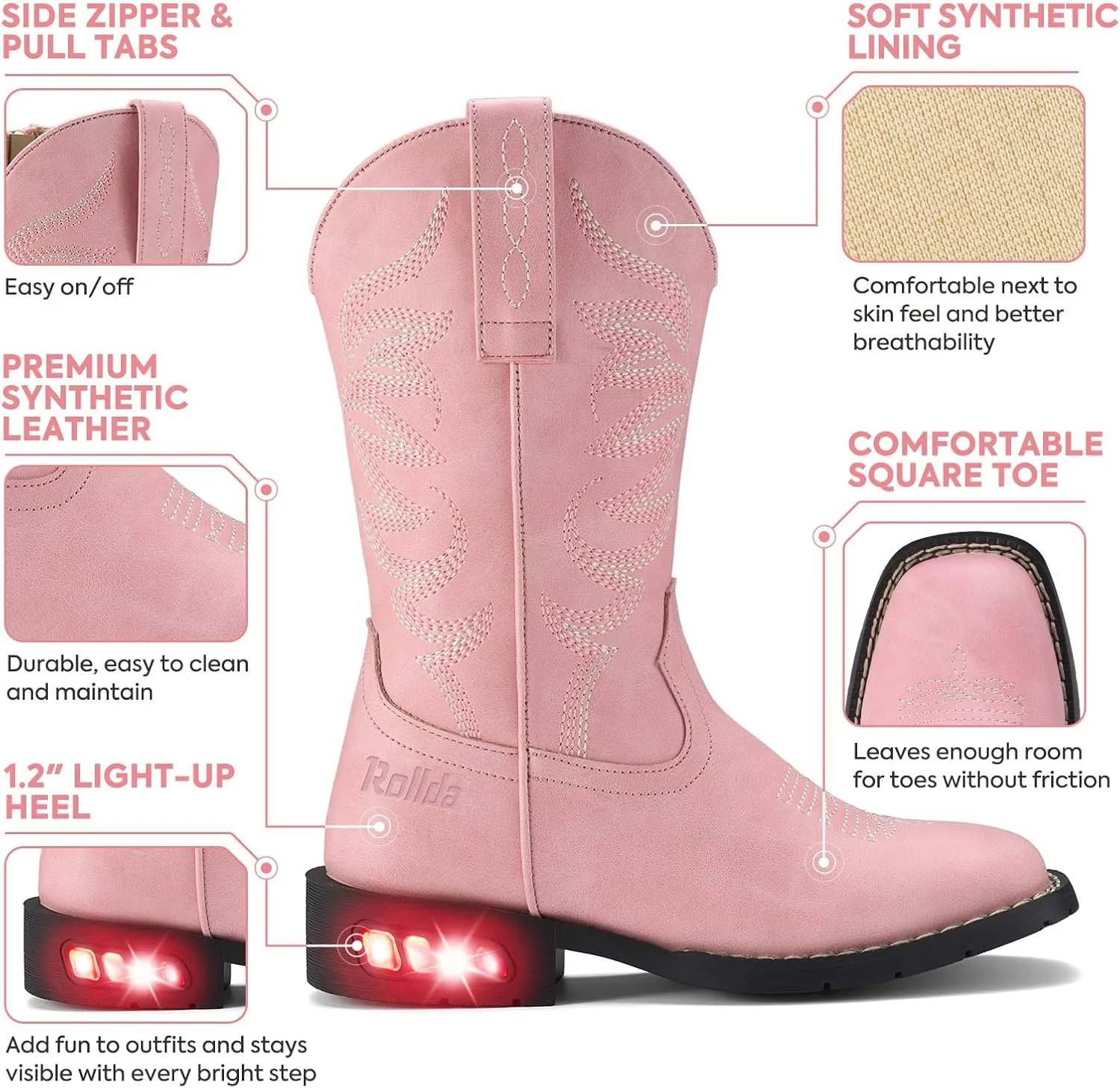 Rollda Toddler Cowboy Boots for Boys Girls Cowgirl Boots Light Up Kids Western Boots for Toddler/Little Kid
