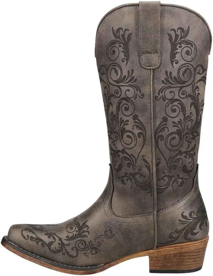 ROPER Womens Tall Stuff Embroidery Snip Toe Casual Boots Mid Calf Low Heel 1-2" - Brown