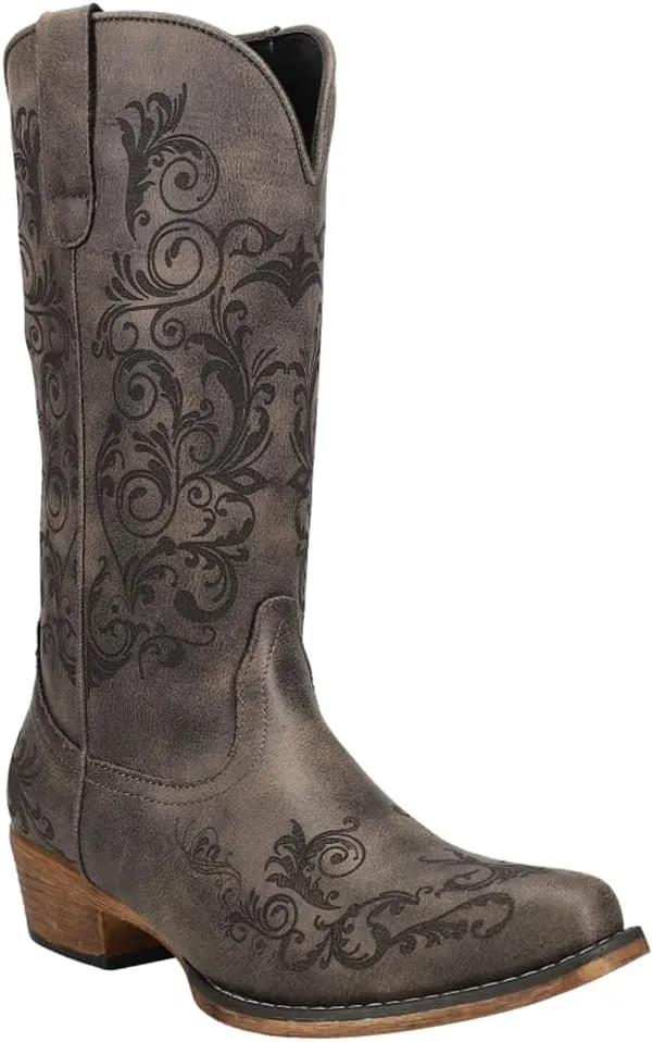 ROPER Womens Tall Stuff Embroidery Snip Toe Casual Boots Mid Calf Low Heel 1-2" - Brown