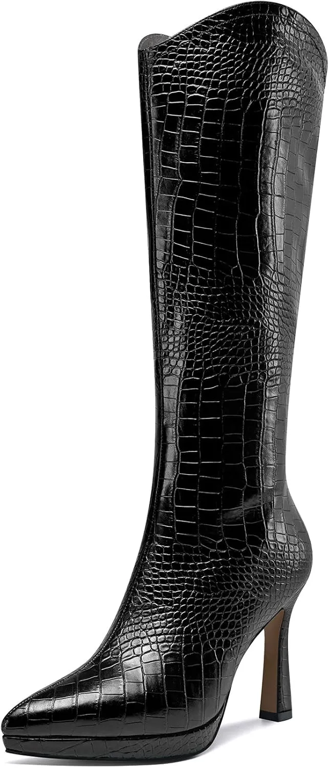 Saekcted Womens Stiletto High Heel Pointed Toe Mid Calf Boots Platform Slip-on Zipper Dress Shoes Prom Party Winter 3.9 Inches Heels