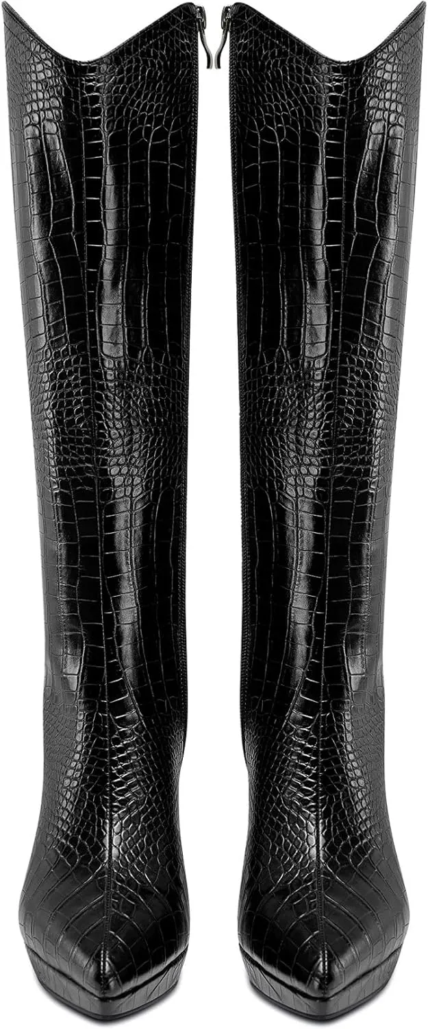 Saekcted Womens Stiletto High Heel Pointed Toe Mid Calf Boots Platform Slip-on Zipper Dress Shoes Prom Party Winter 3.9 Inches Heels