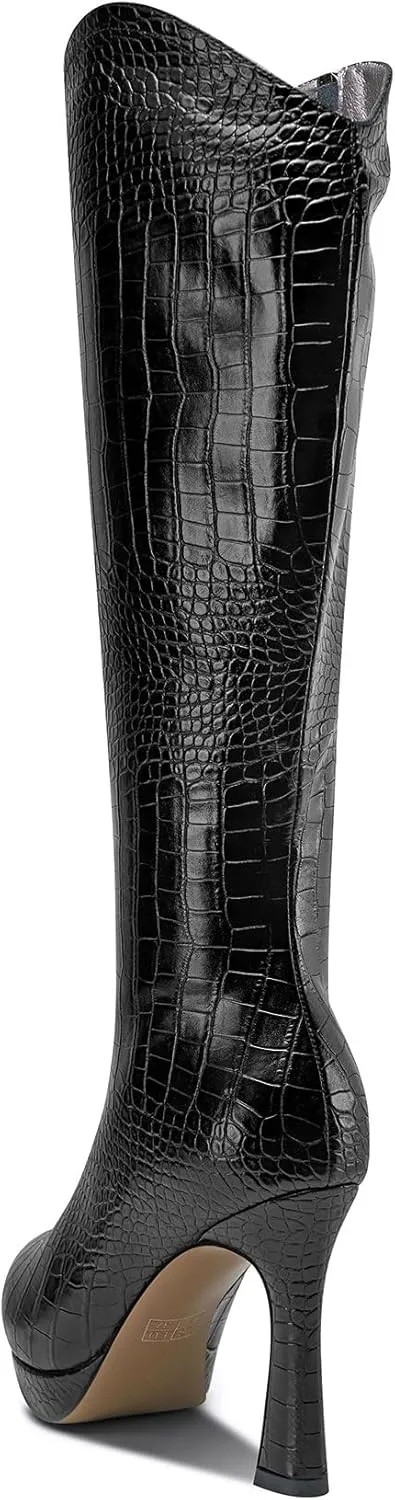 Saekcted Womens Stiletto High Heel Pointed Toe Mid Calf Boots Platform Slip-on Zipper Dress Shoes Prom Party Winter 3.9 Inches Heels