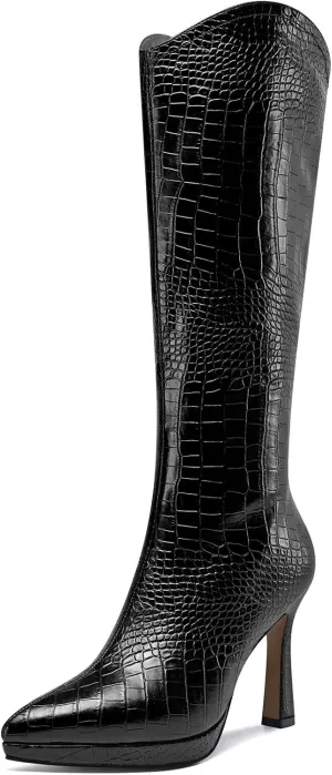 Saekcted Womens Stiletto High Heel Pointed Toe Mid Calf Boots Platform Slip-on Zipper Dress Shoes Prom Party Winter 3.9 Inches Heels