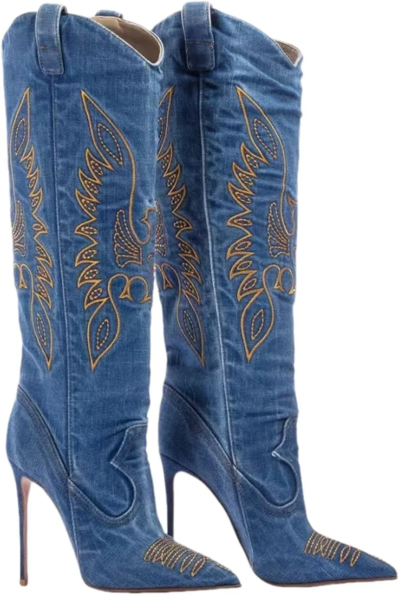 Saint Leia Women's Fashion Denim Stiletto Heel Tall Boots Casual Embroideries Pointed Toe Knee High Boots