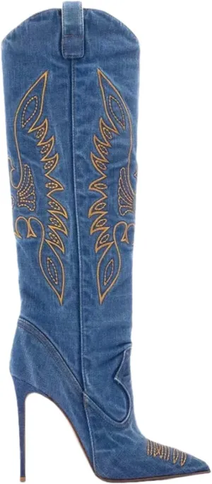 Saint Leia Women's Fashion Denim Stiletto Heel Tall Boots Casual Embroideries Pointed Toe Knee High Boots
