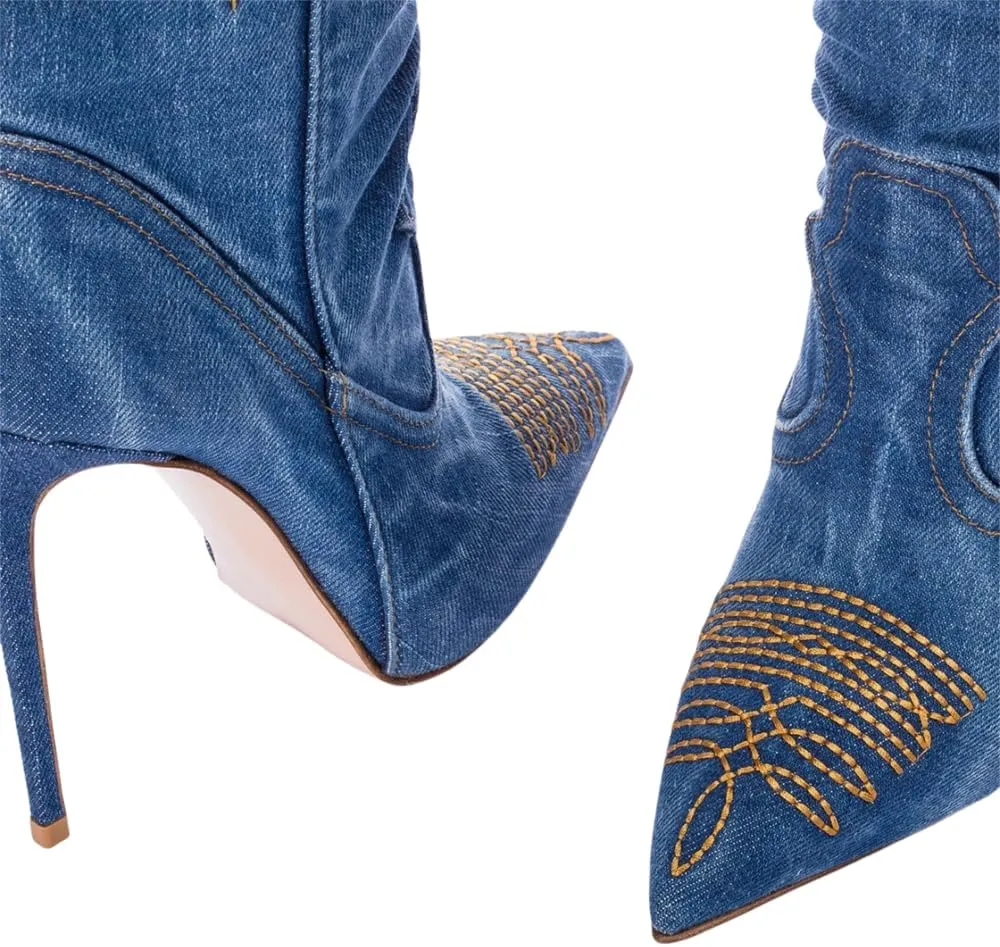 Saint Leia Women's Fashion Denim Stiletto Heel Tall Boots Casual Embroideries Pointed Toe Knee High Boots