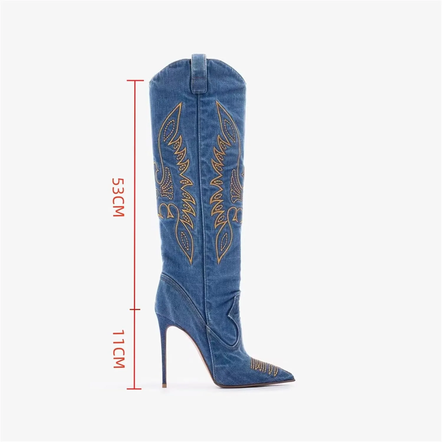 Saint Leia Women's Fashion Denim Stiletto Heel Tall Boots Casual Embroideries Pointed Toe Knee High Boots