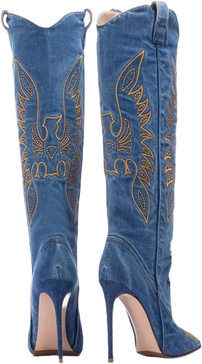 Saint Leia Women's Fashion Denim Stiletto Heel Tall Boots Casual Embroideries Pointed Toe Knee High Boots
