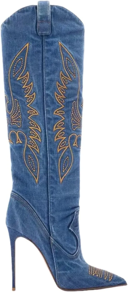Saint Leia Women's Fashion Denim Stiletto Heel Tall Boots Casual Embroideries Pointed Toe Knee High Boots