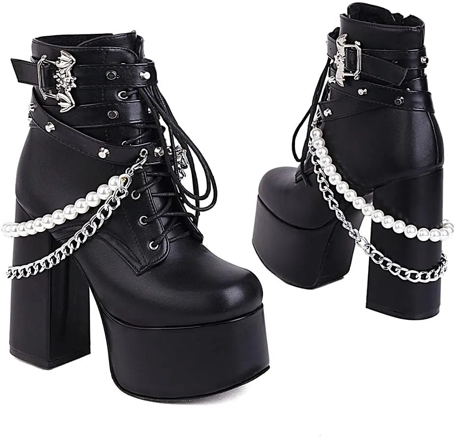 SaraIris Women's Platform Boots Chunky High Heel Lace-up Ankle Boots with Chain and Pearl Black Punk Goth Boots