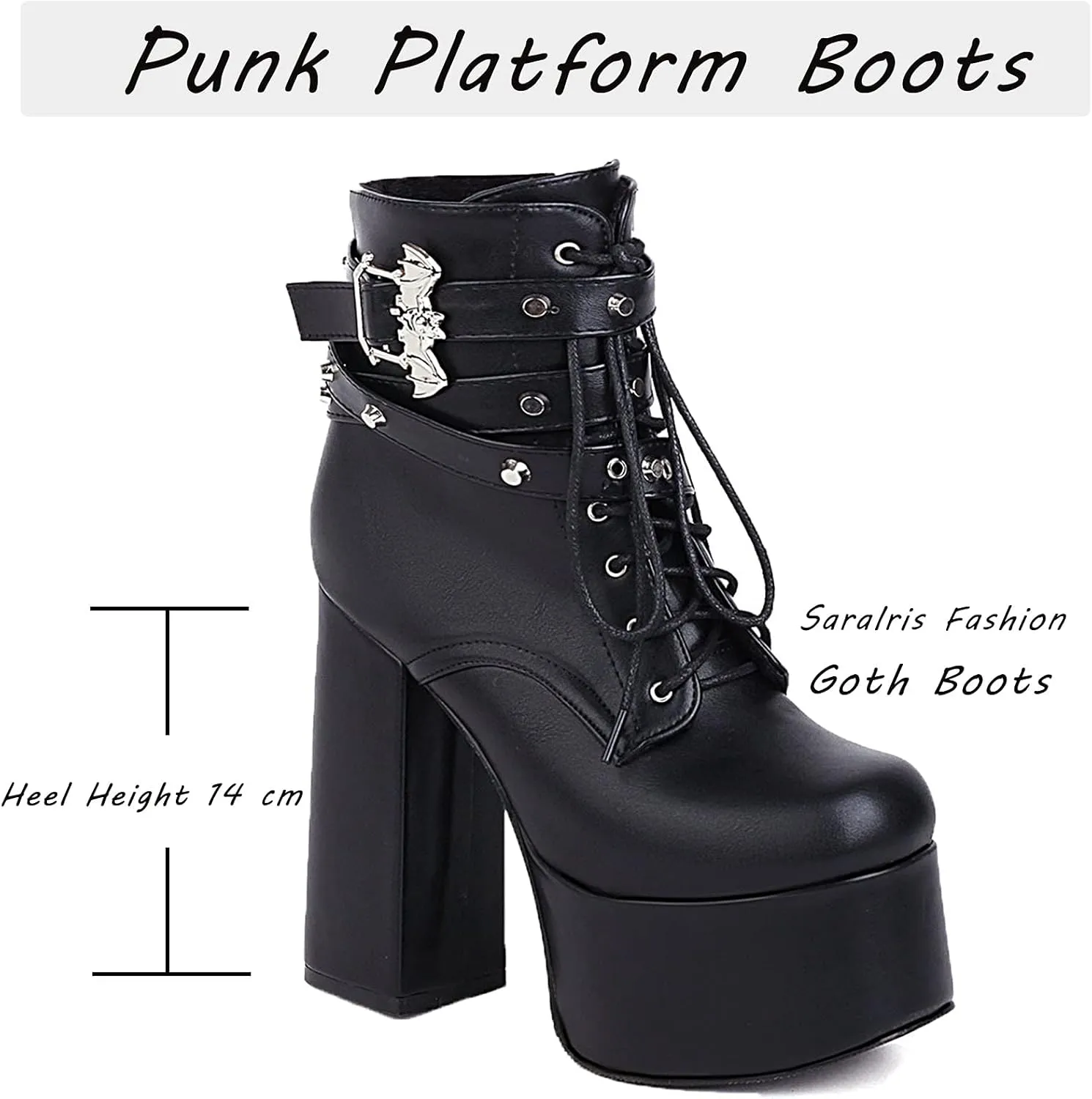 SaraIris Women's Platform Boots Chunky High Heel Lace-up Ankle Boots with Chain and Pearl Black Punk Goth Boots