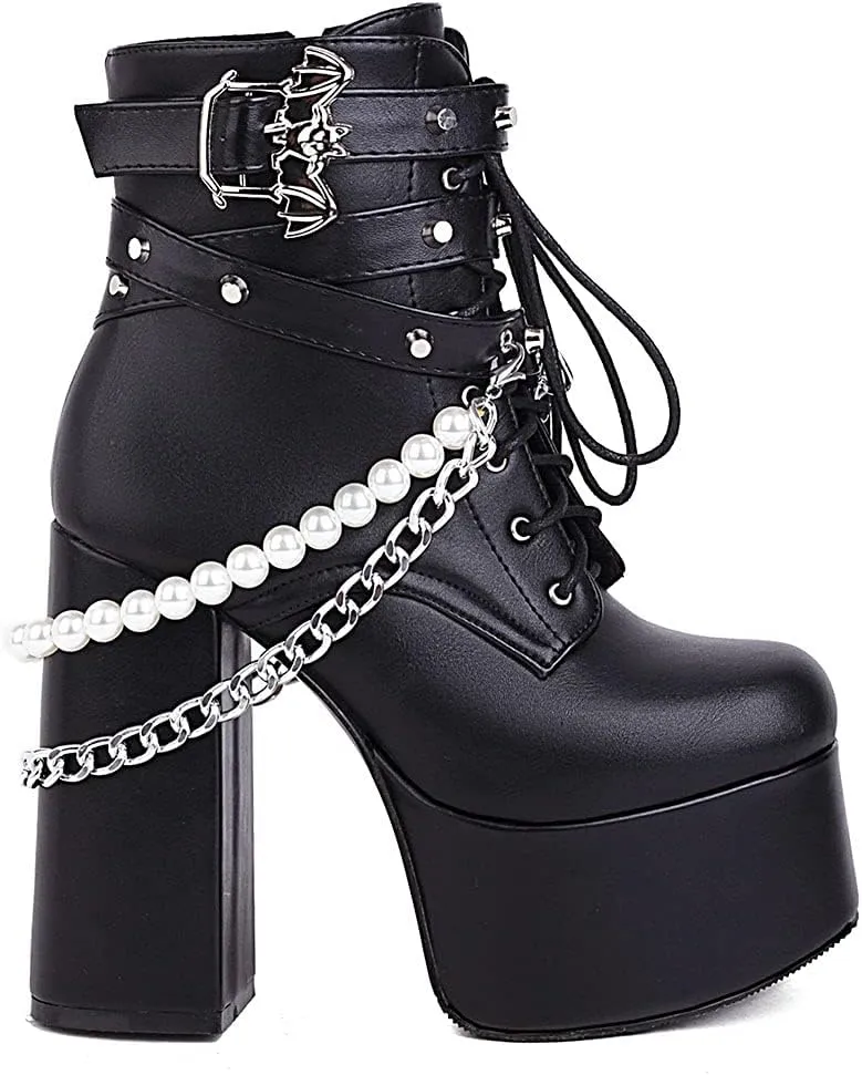 SaraIris Women's Platform Boots Chunky High Heel Lace-up Ankle Boots with Chain and Pearl Black Punk Goth Boots