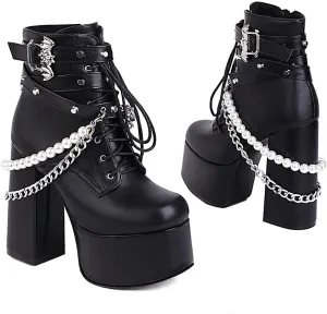 SaraIris Women's Platform Boots Chunky High Heel Lace-up Ankle Boots with Chain and Pearl Black Punk Goth Boots