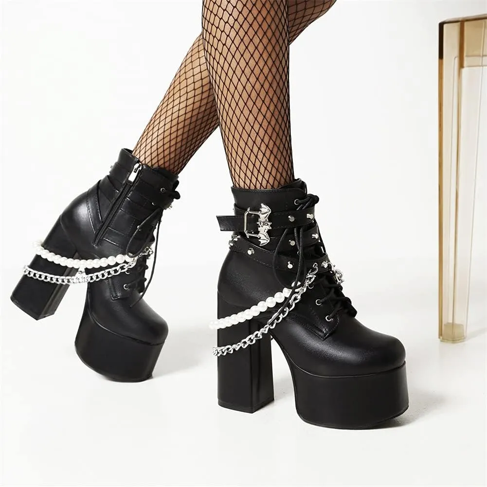SaraIris Women's Platform Boots Chunky High Heel Lace-up Ankle Boots with Chain and Pearl Black Punk Goth Boots