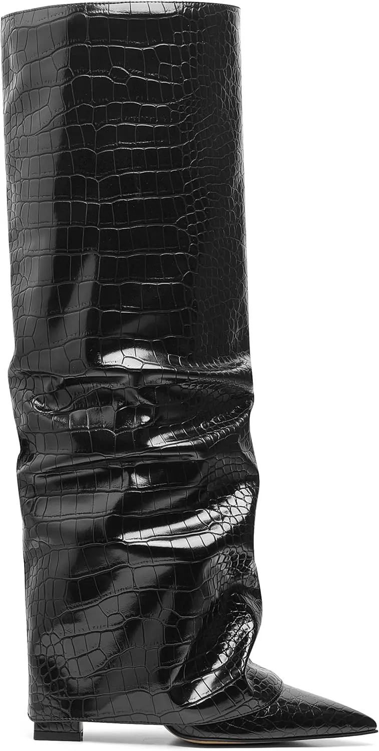 SaraIris Women's Slouchy Knee High Boots - Black, Pointed Toe, Fold Over, Chunky, Shark Boots