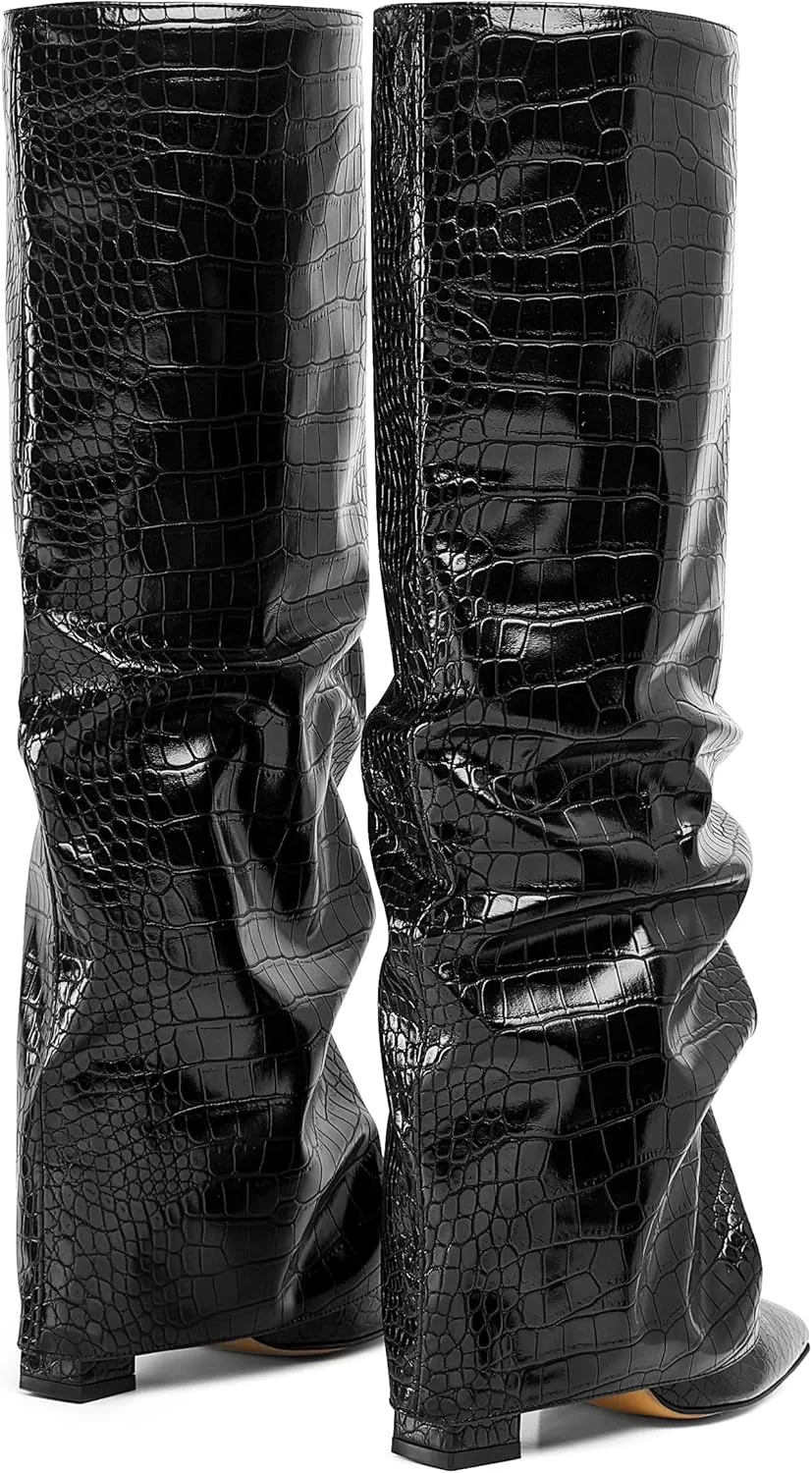 SaraIris Women's Slouchy Knee High Boots - Black, Pointed Toe, Fold Over, Chunky, Shark Boots