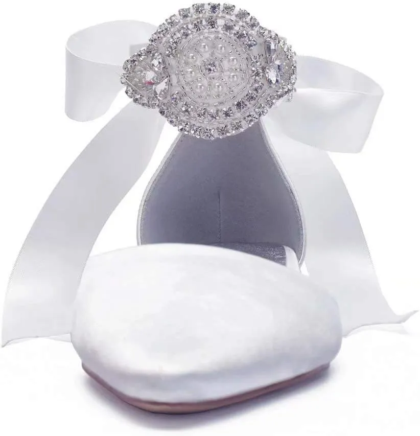 Satin Crystals Wedding Flats for Bride Pointed Toe Ribbon Tie Party Dress Shoes Flats Women 5047-69