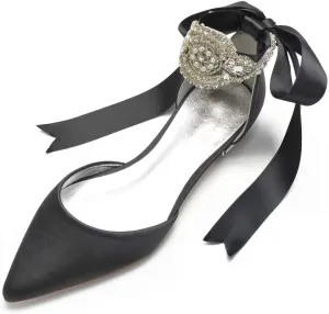 Satin Crystals Wedding Flats for Bride Pointed Toe Ribbon Tie Party Dress Shoes Flats Women 5047-69