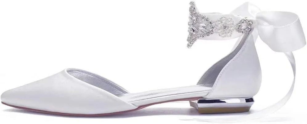 Satin Crystals Wedding Flats for Bride Pointed Toe Ribbon Tie Party Dress Shoes Flats Women 5047-69