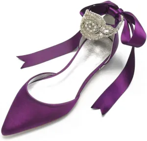 Satin Crystals Wedding Flats for Bride Pointed Toe Ribbon Tie Party Dress Shoes Flats Women 5047-69