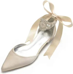 Satin Crystals Wedding Flats for Bride Pointed Toe Ribbon Tie Party Dress Shoes Flats Women 5047-69