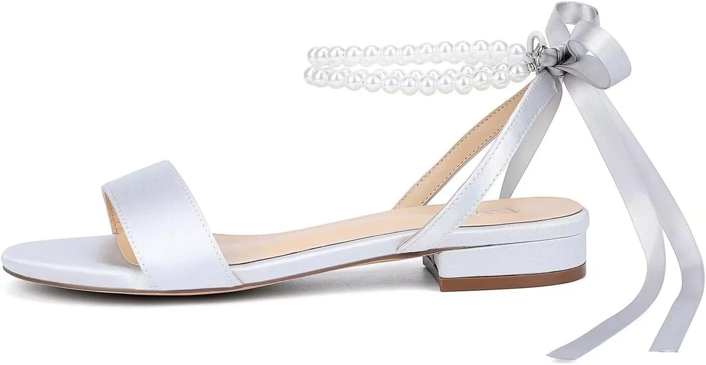 Satin Wedding Flats for Bride Pearl Sandals Open Toe Bridal Shoes Flat Wedding Shoes for Bride