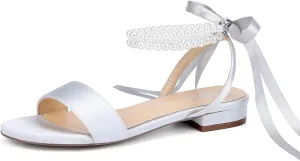 Satin Wedding Flats for Bride Pearl Sandals Open Toe Bridal Shoes Flat Wedding Shoes for Bride