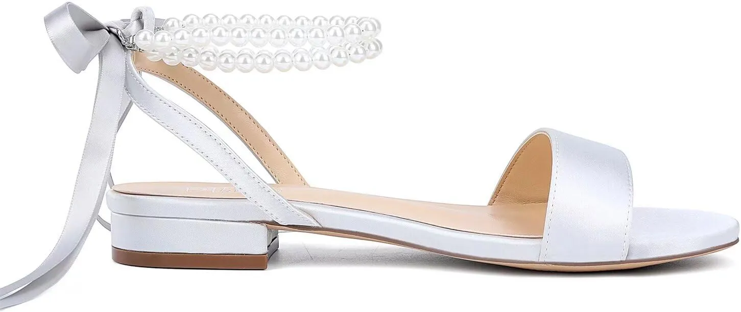 Satin Wedding Flats for Bride Pearl Sandals Open Toe Bridal Shoes Flat Wedding Shoes for Bride