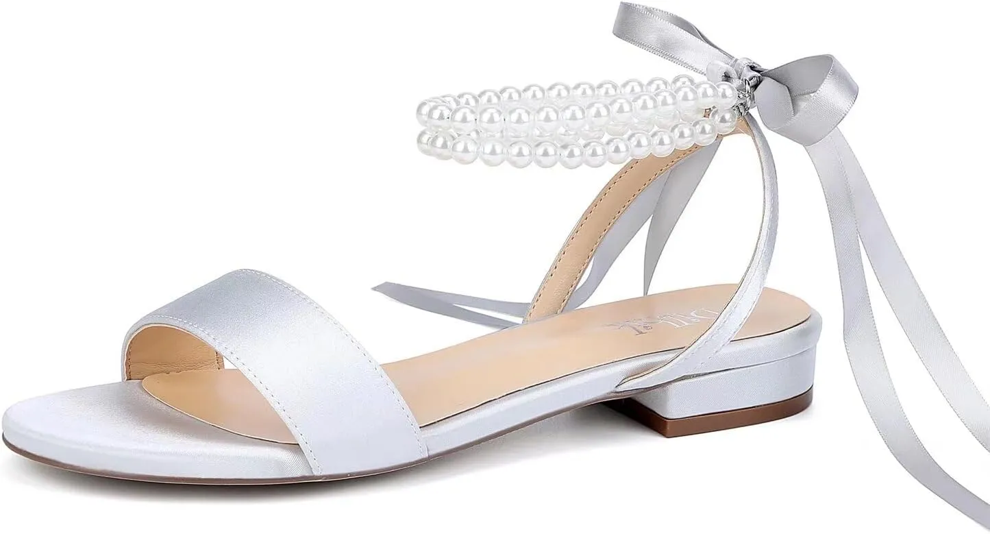 Satin Wedding Flats for Bride Pearl Sandals Open Toe Bridal Shoes Flat Wedding Shoes for Bride