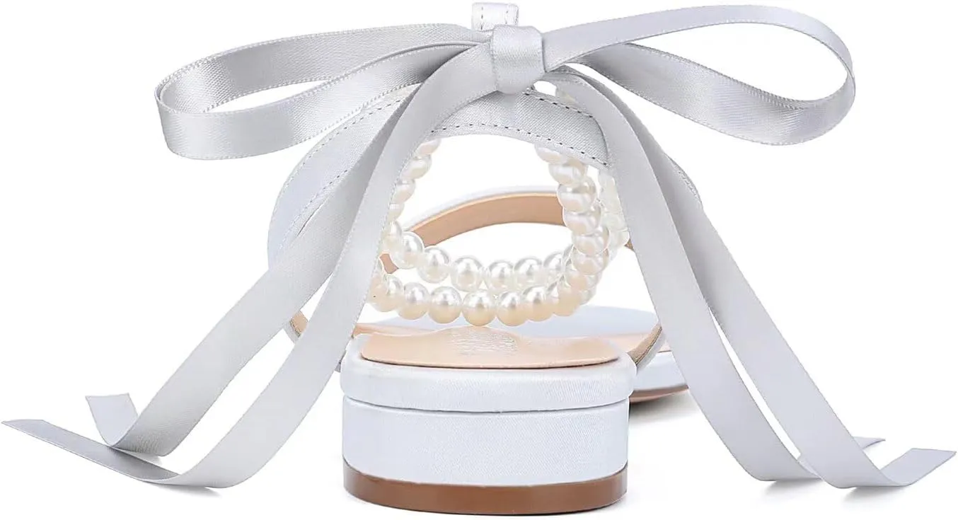 Satin Wedding Flats for Bride Pearl Sandals Open Toe Bridal Shoes Flat Wedding Shoes for Bride