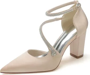 Satin Wedding Shoes for Bride Beaded Pointed Toe Block Sandals Pumps with Heels Heeled Closed Toe Ankle Buckle Strap Evening Party Dress Shoes Summer