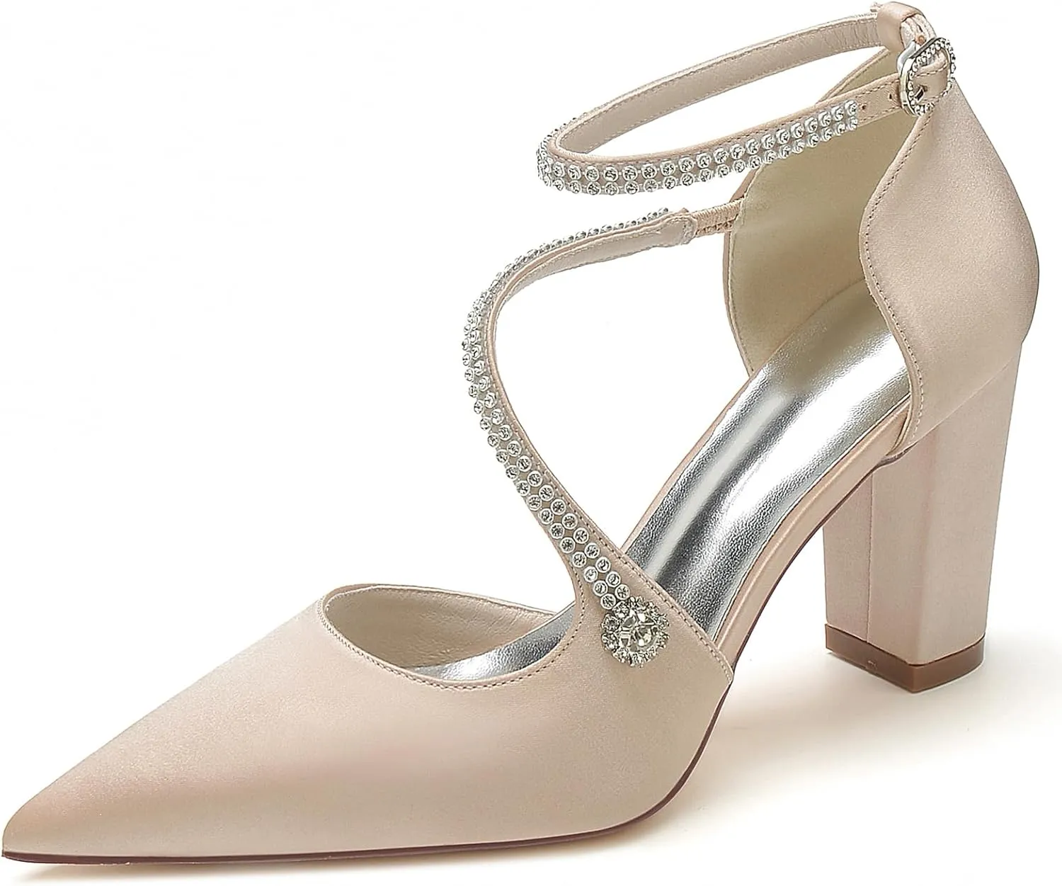 Satin Wedding Shoes for Bride Beaded Pointed Toe Block Sandals Pumps with Heels Heeled Closed Toe Ankle Buckle Strap Evening Party Dress Shoes Summer