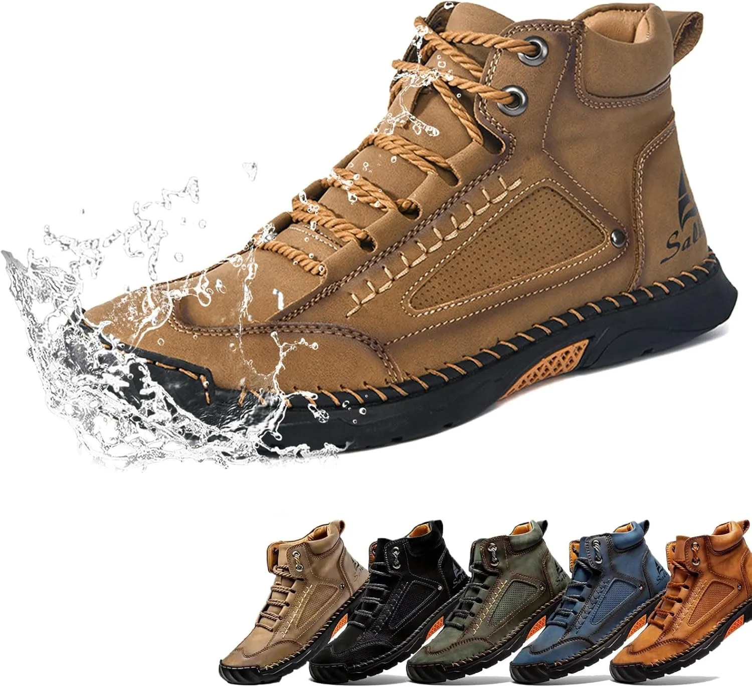 Sawbehind Men's Comfortable Handmade Leather Boots, 2025 New Sawbehind Mens Boots, Wide Toe Box Outdoor Leather Shoes, Waterproof, Arch Support