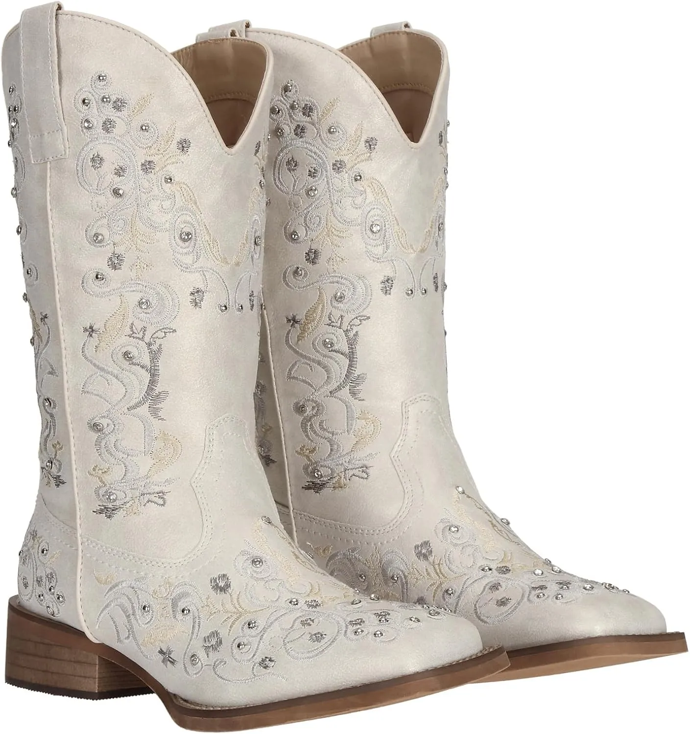 SheSole Women's Cowboy Boots Square Toe Rhinestone Mid Calf Floral Western Boot Fashion Cowgirl Shoes