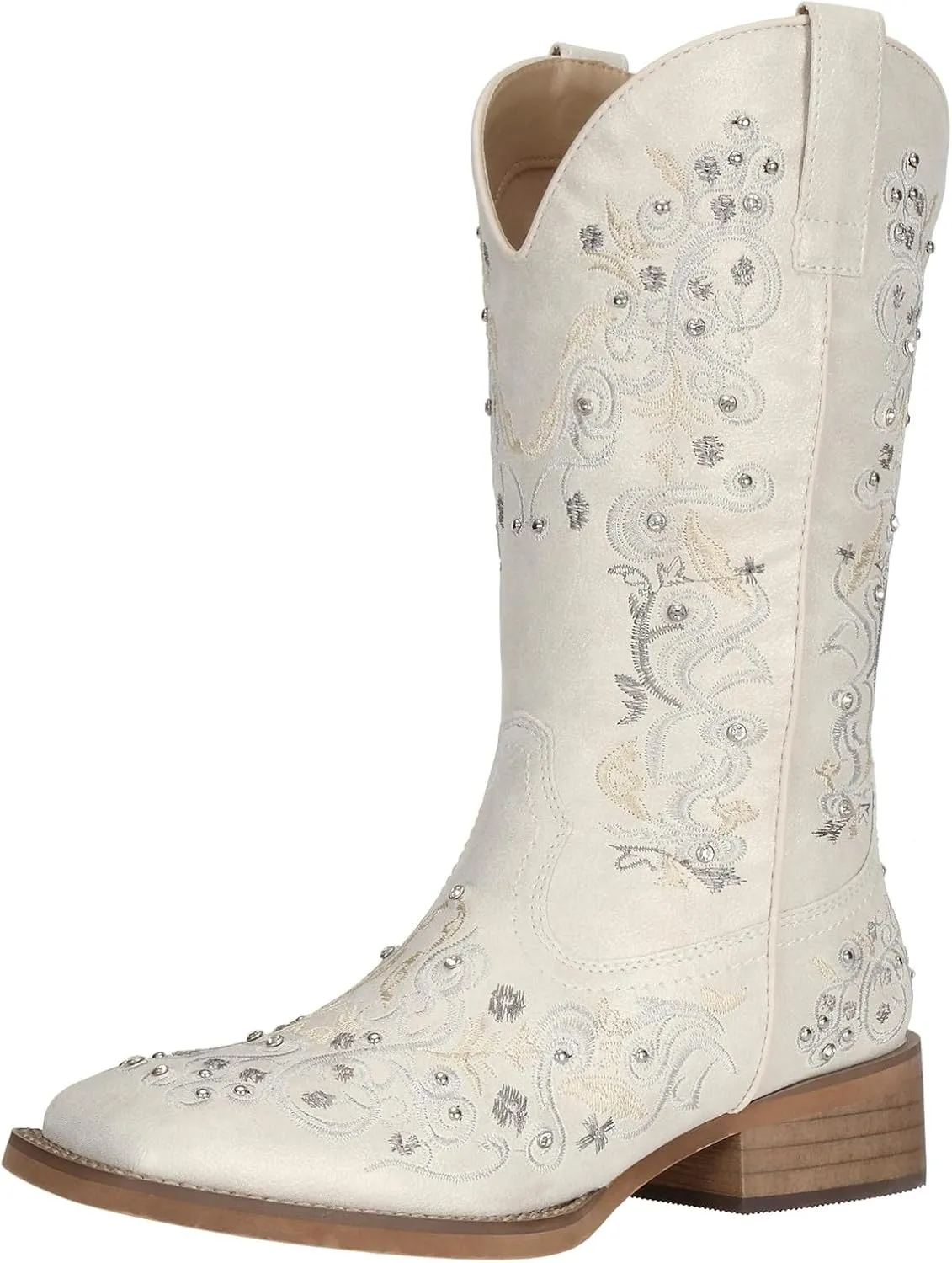 SheSole Women's Cowboy Boots Square Toe Rhinestone Mid Calf Floral Western Boot Fashion Cowgirl Shoes
