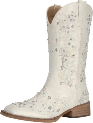 SheSole Women's Cowboy Boots Square Toe Rhinestone Mid Calf Floral Western Boot Fashion Cowgirl Shoes